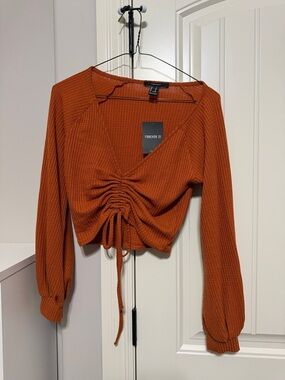 Forever 21 Rust Drawstring Waffle-Knit Long Sleeve Top